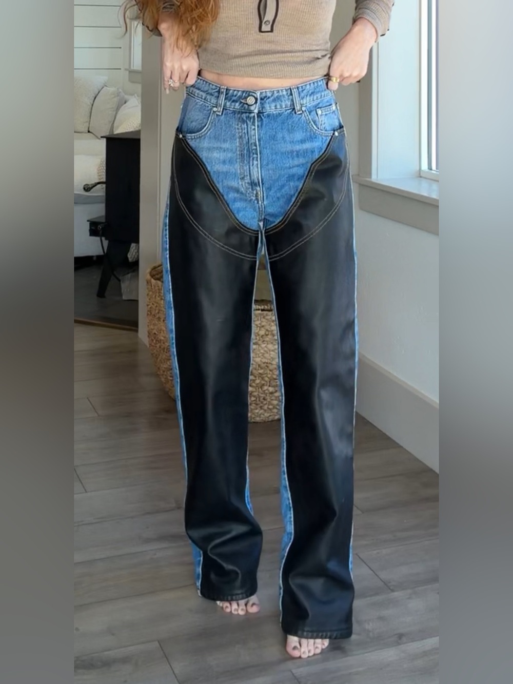 Stella McCartney Black Leather and Blue Denim Two-Tone Straight Jeans - Picture 3 of 4
